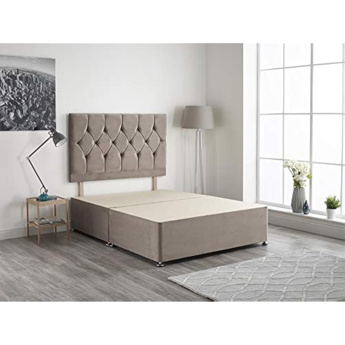 Jolof Store Light Grey Plush Velvet Divan Bed Base with Headboard - 3FT