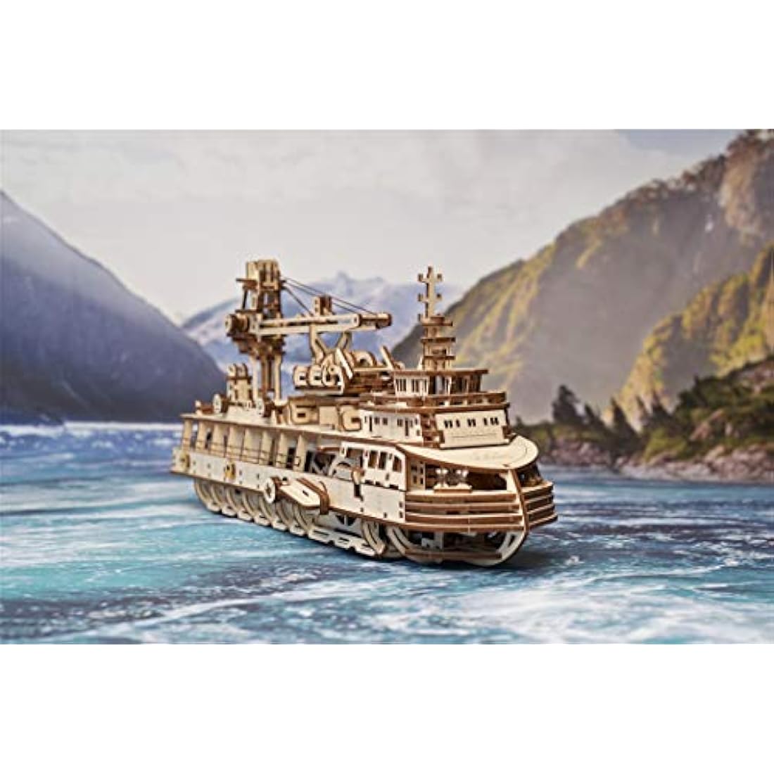 UGEARS Research Vessel 3D Wooden Model Kit – Mechanical Ship Puzzle