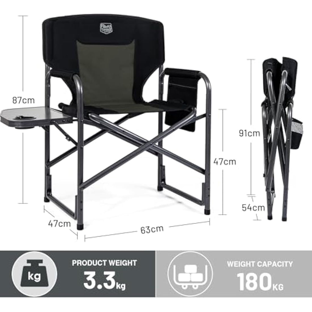Timber Ridge Heavy Duty Folding Directors Chair with Side Table – 180kg