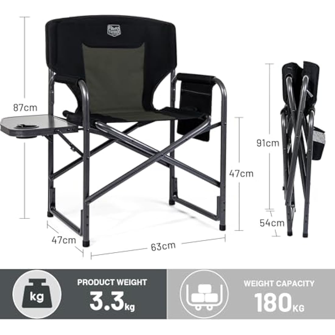Timber Ridge Heavy Duty Folding Directors Chair with Side Table – 180kg