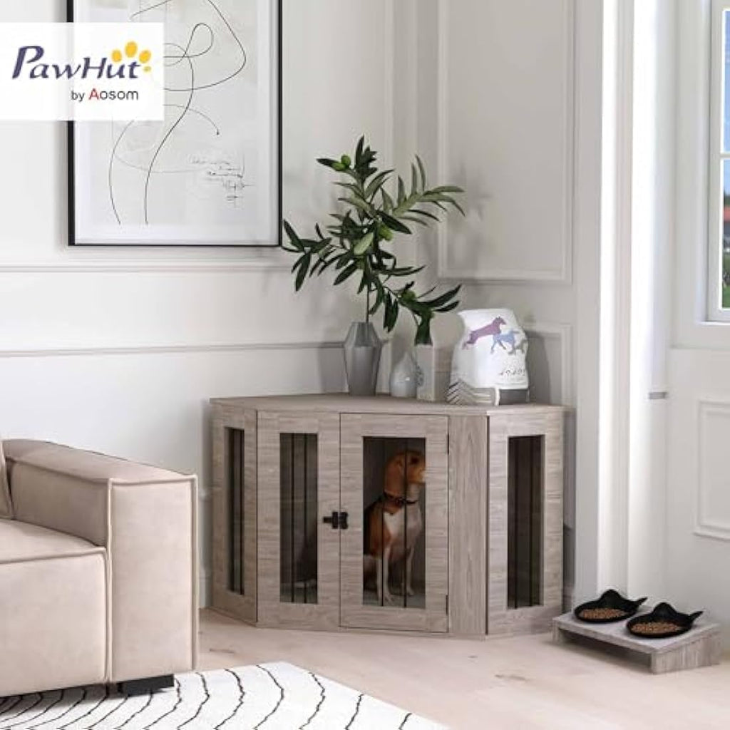 PawHut Dog Crate Furniture – Walnut Brown Side Table Kennel with Cushion
