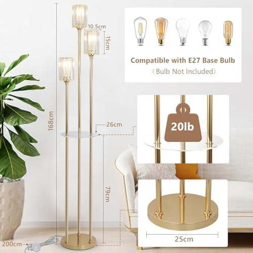 Rayofly Modern Gold Floor Lamp with Shelves | 3-Light Crystal Standing Lamp