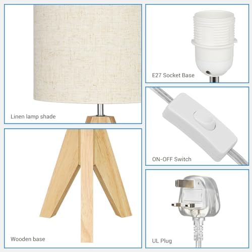 EDISHINE Wood Tripod Table Lamps Set of 2 | Beige Linen Bedside Lamps