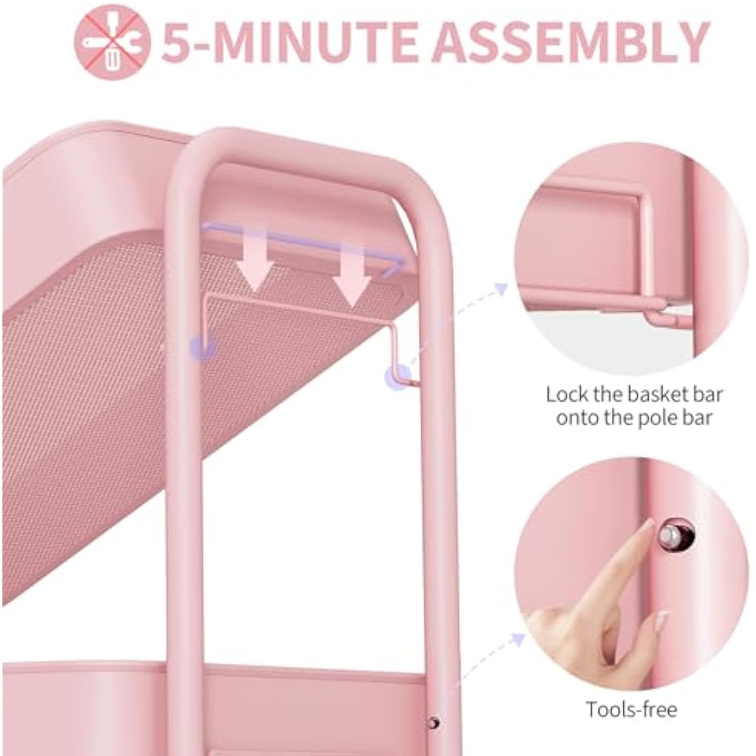 Urackify 3-Tier Rolling Storage Trolley with Pegboard & Hooks - Pink