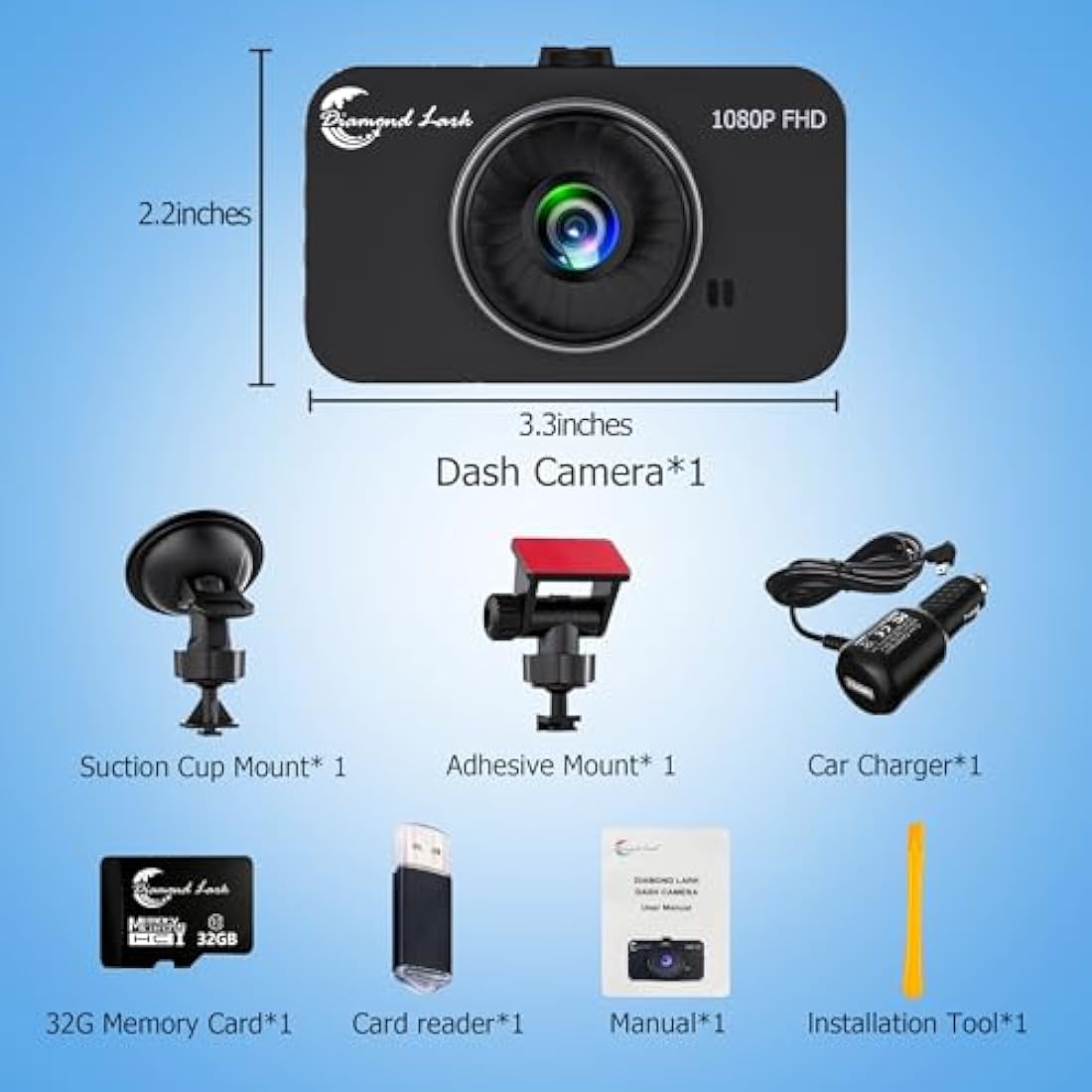 Diamond Lark 1080P Full HD Dash Cam | 170° Wide Angle with 32GB SD Card