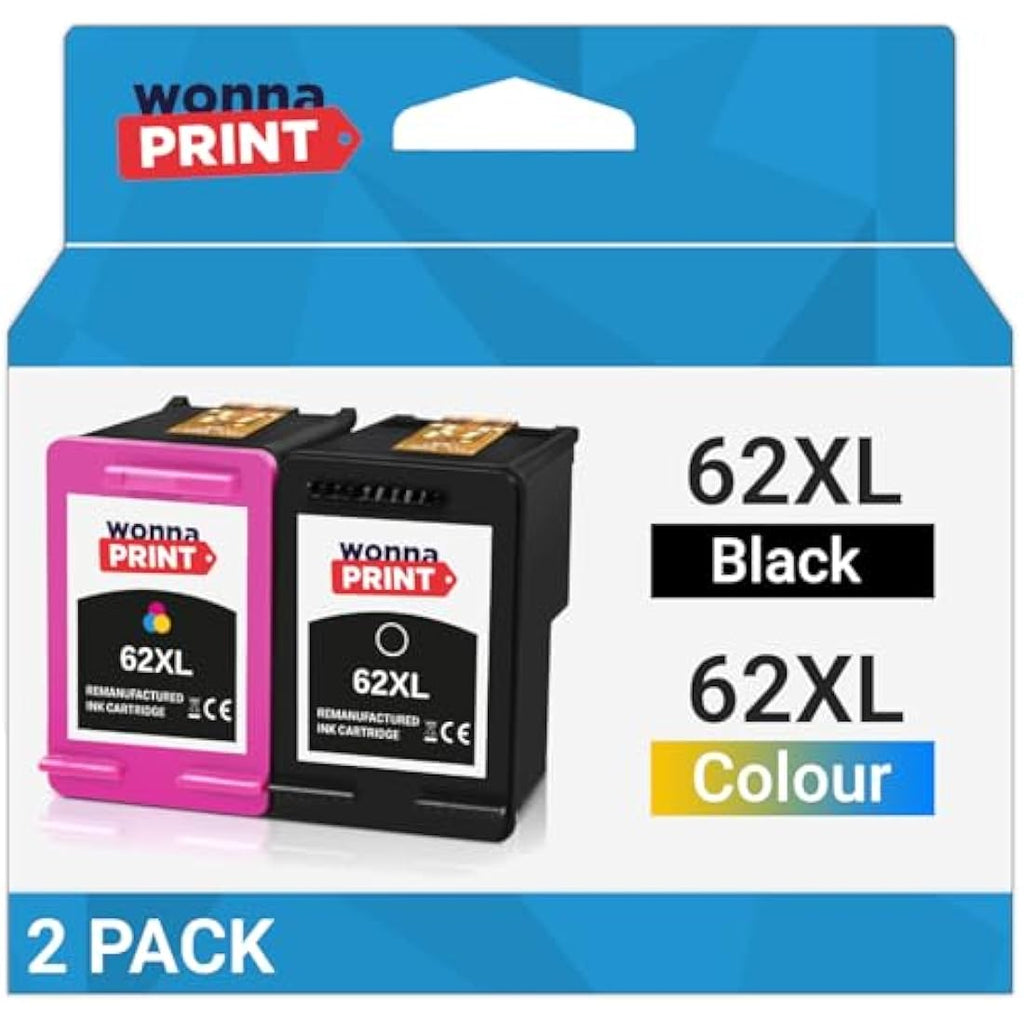 WonnaPrint 62XL Ink Cartridges for HP Envy 5540 5640 & OfficeJet 5740 | 2 Pack
