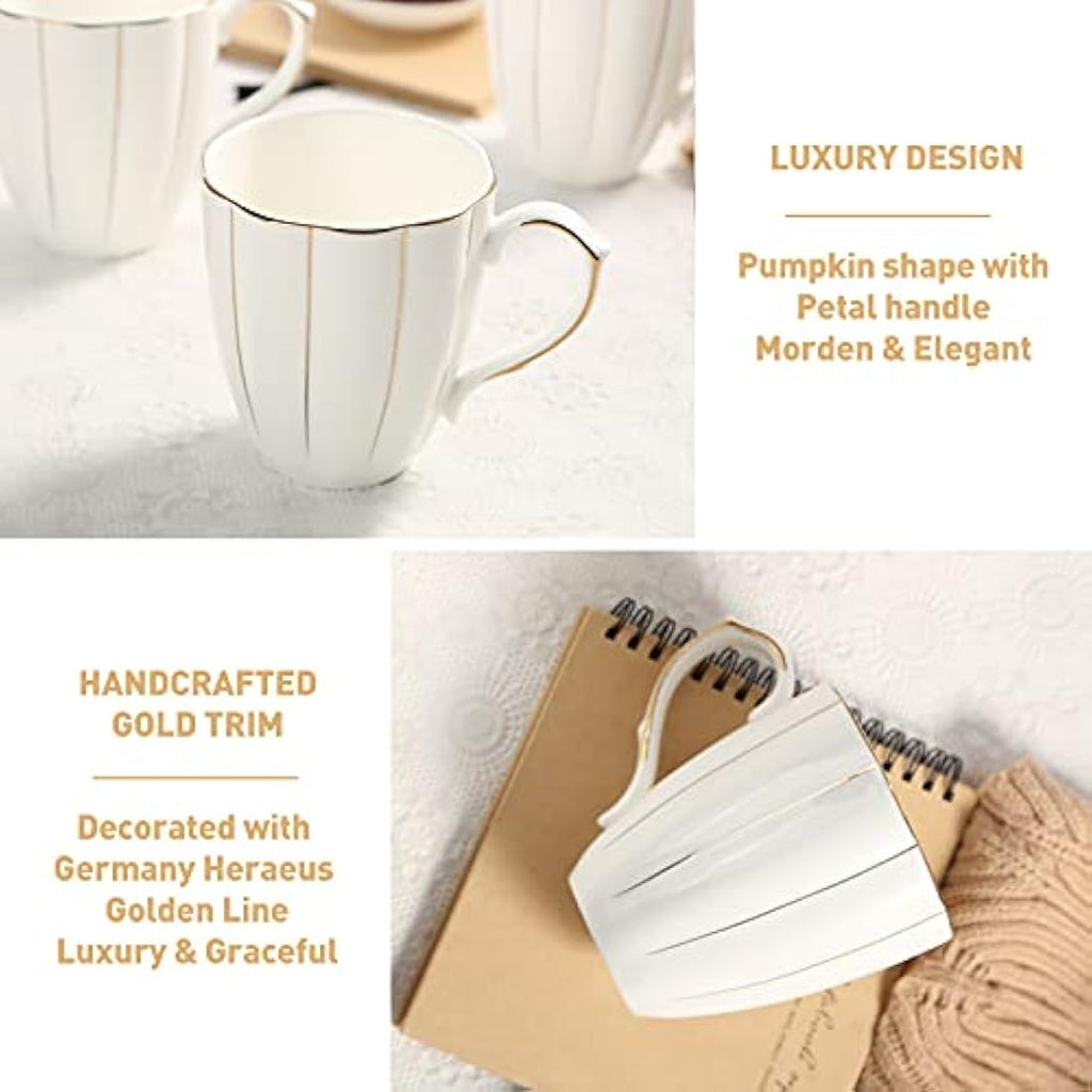 DUJUST Bone China Coffee Mug Set of 4 | Luxury Gold Trim Pumpkin Cups