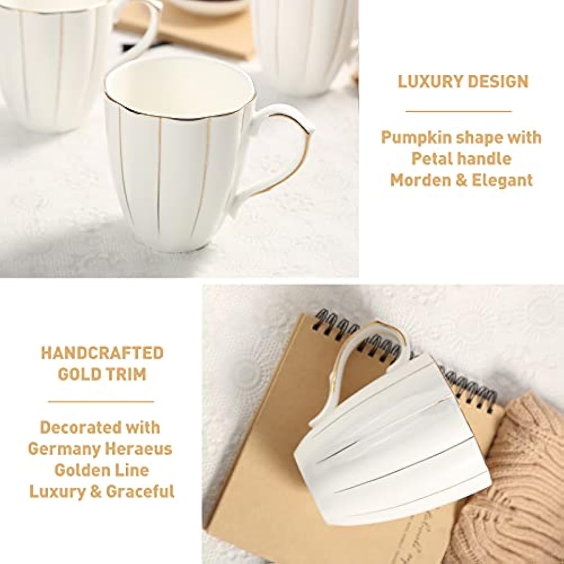 DUJUST Bone China Coffee Mug Set of 4 | Luxury Gold Trim Pumpkin Cups
