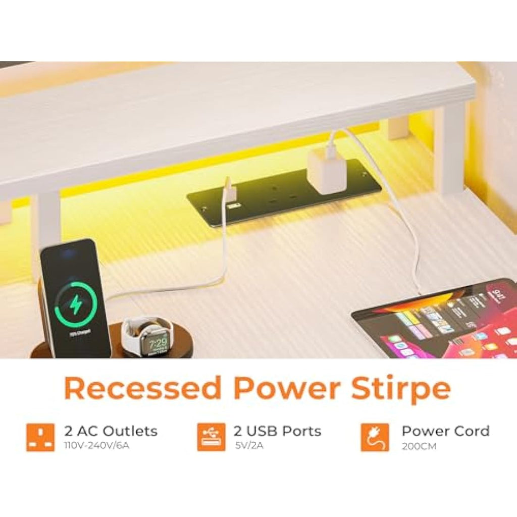 L-Shaped Gaming Desk with LED Lights & Power Outlets, White
