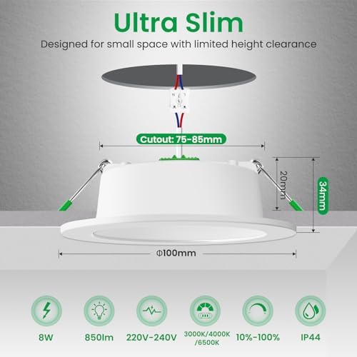 ALUSSO LIGHTING LED Downlights – 8W Dimmable IP44 Recessed Lights, 6 Pack
