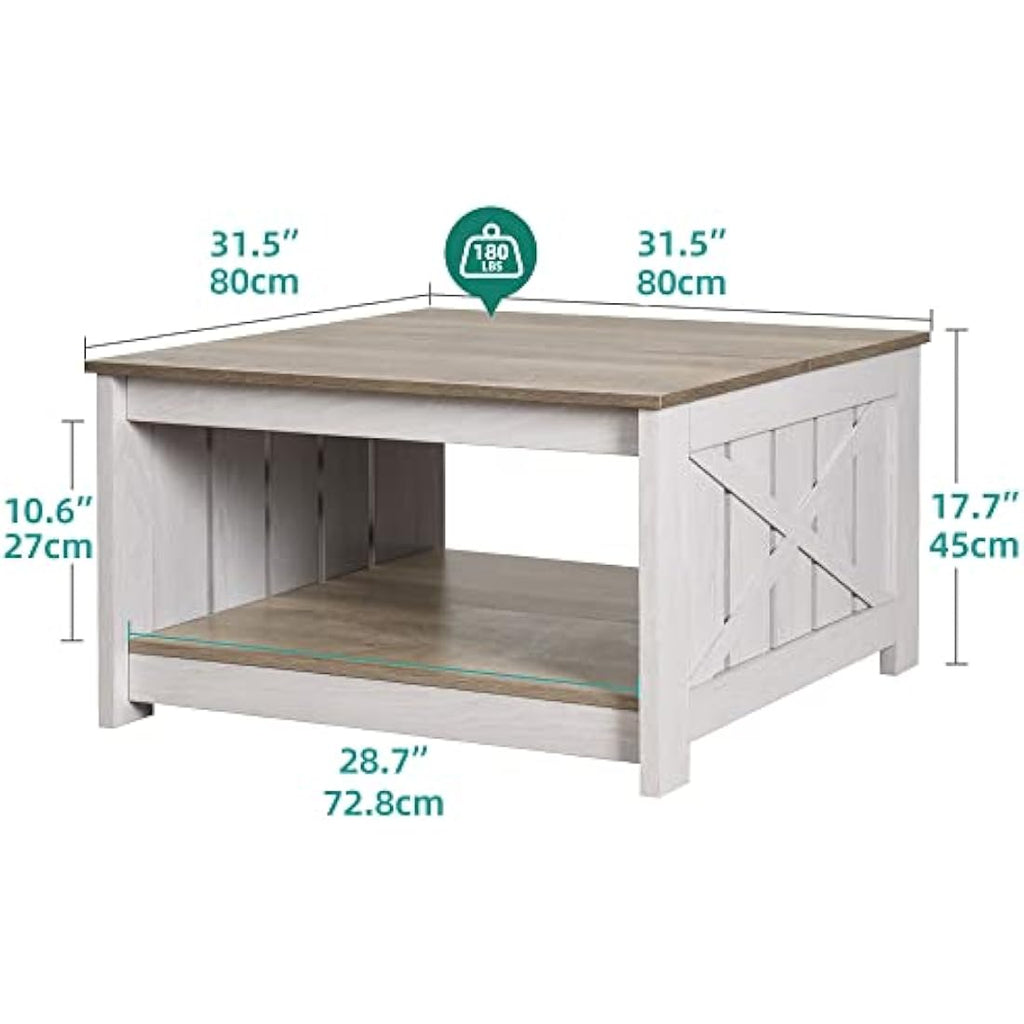 YITAHOME Square Farmhouse Coffee Table – Grey Wash Wood with Storage