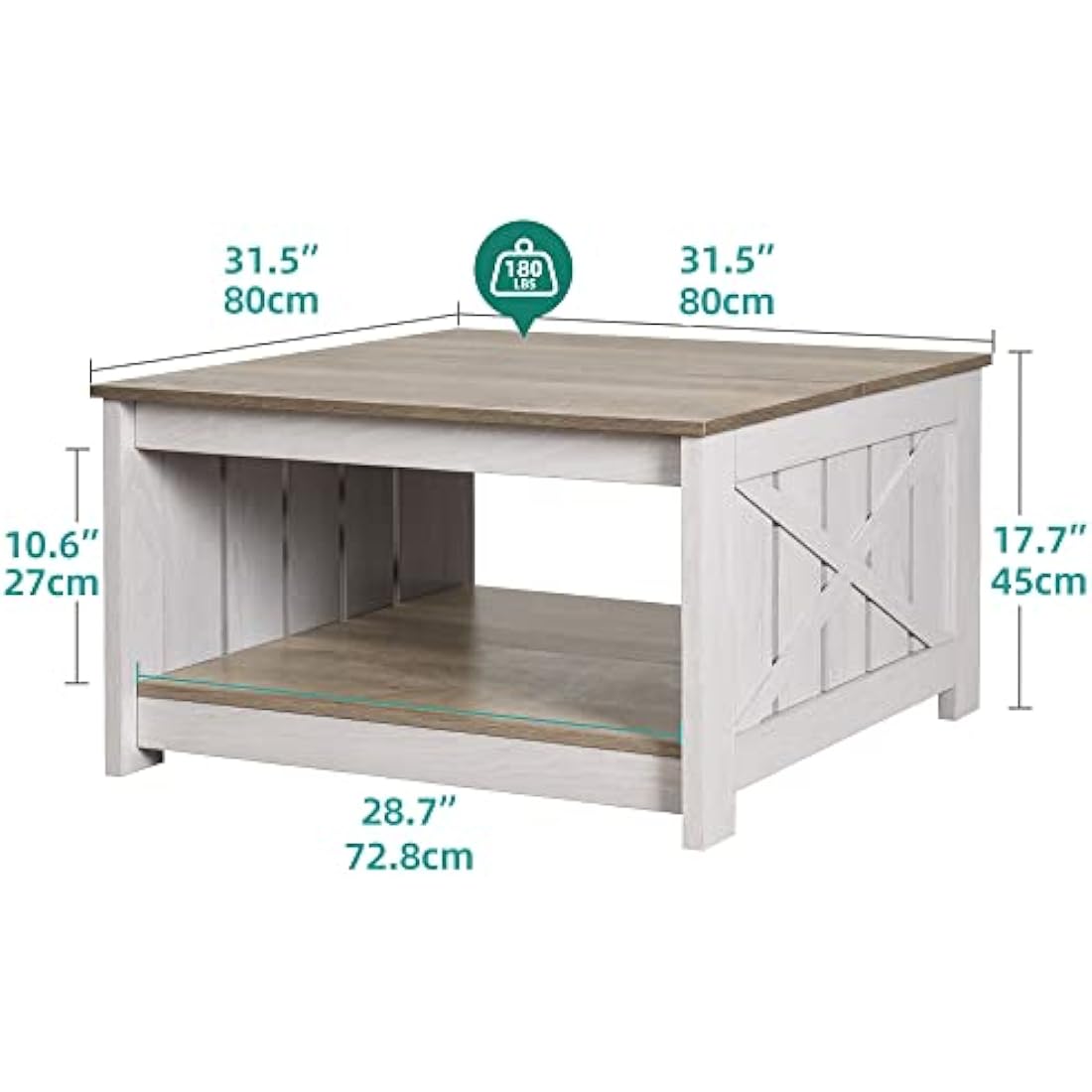 YITAHOME Square Farmhouse Coffee Table – Grey Wash Wood with Storage