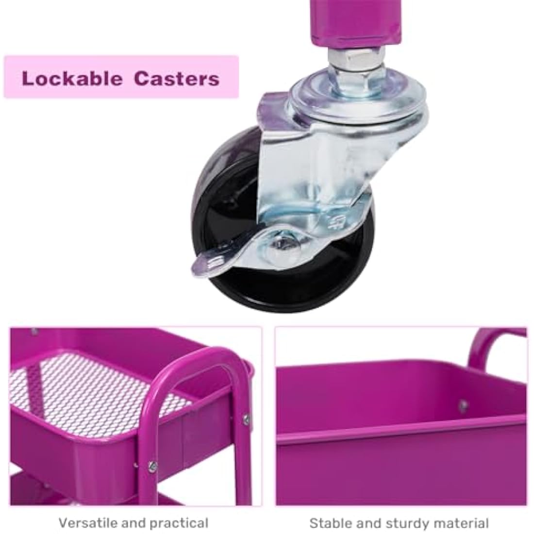 DOEWORKS 3-Tier Metal Rolling Utility Cart - Slim Storage Trolley, Purple