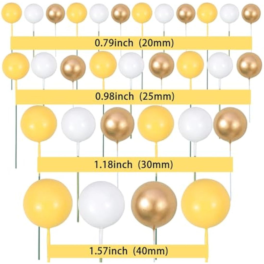 Gyufise 30Pcs Foam Ball Cake Toppers – Yellow Gold White Cupcake Decor