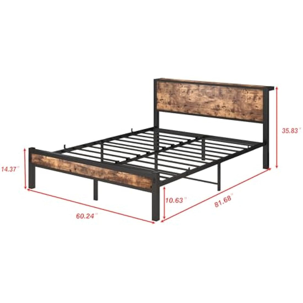 DUMEE King Size Metal Bed Frame with Storage Headboard – Black & Oak
