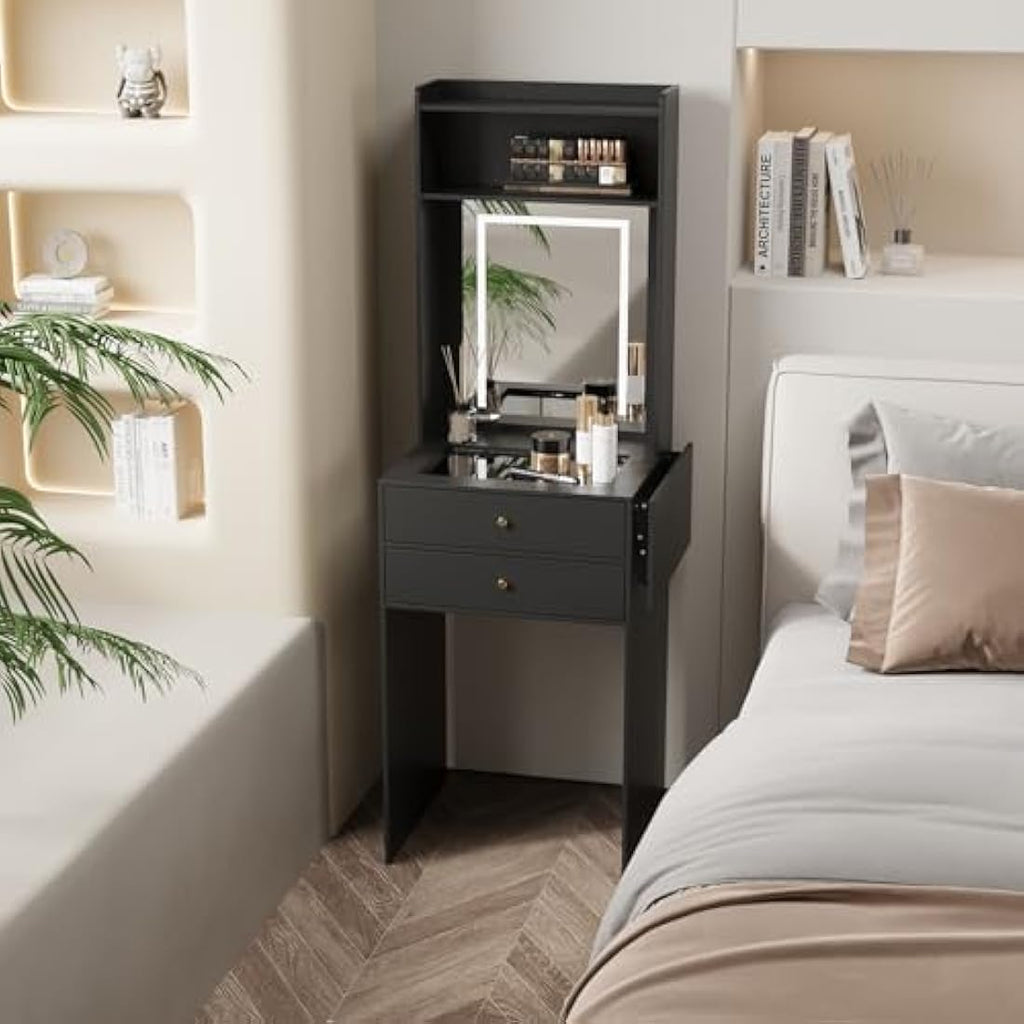Dressing Table with LED Mirror – Black Glass Makeup Desk