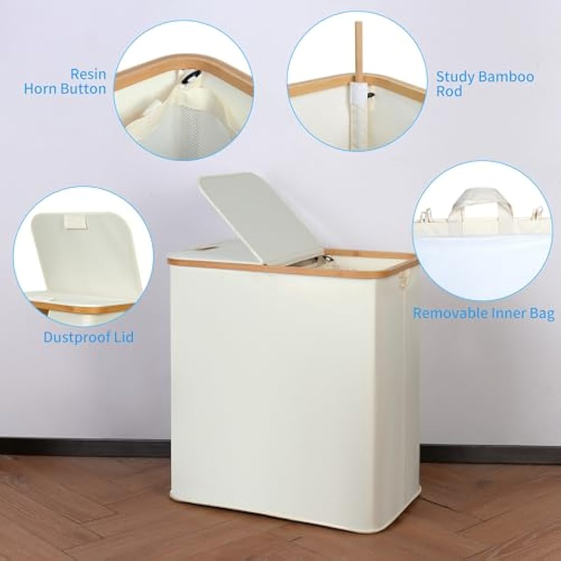 efluky 140L Double Laundry Basket with Lid - Bamboo & Linen Hamper, Beige