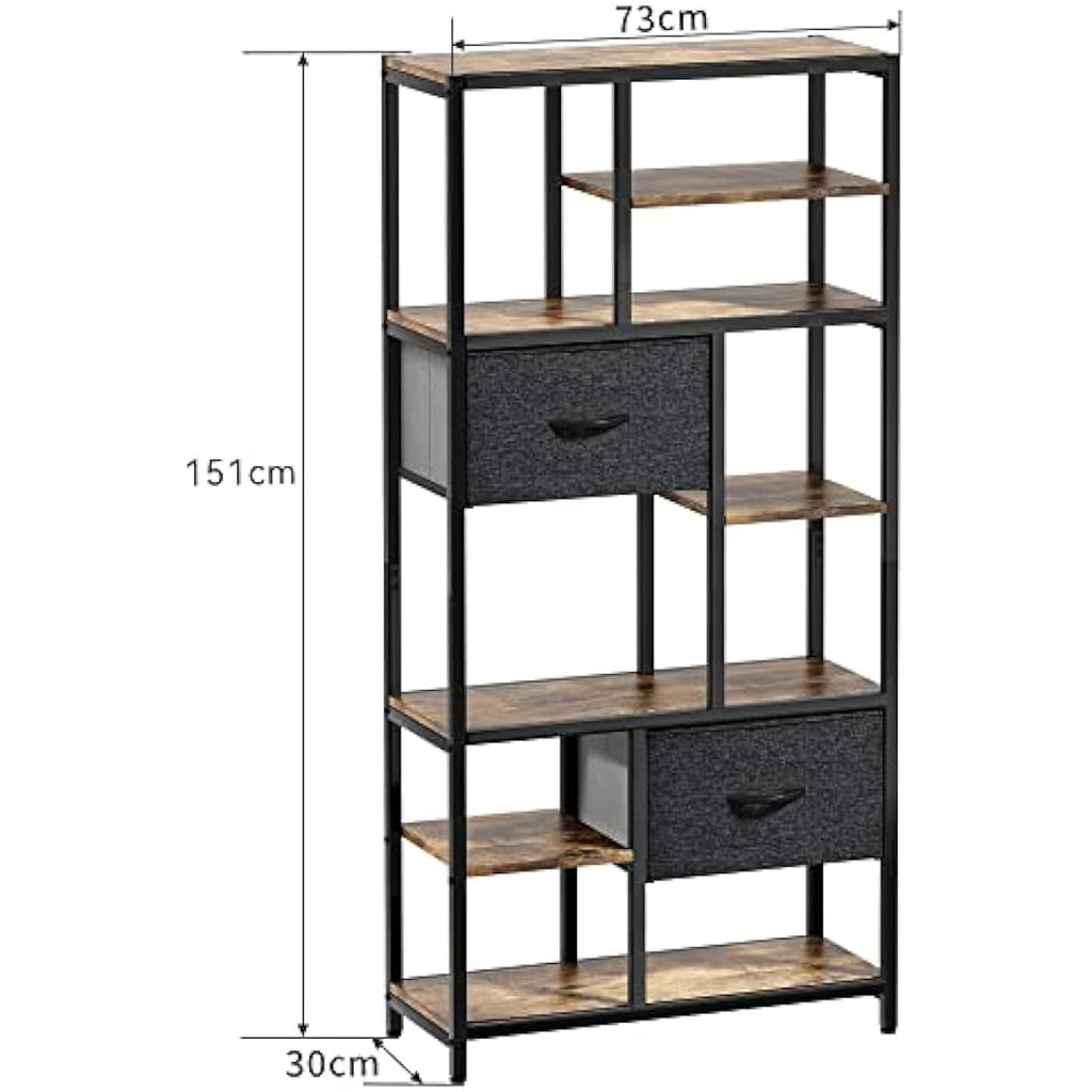 YITAHOME 7-Tier Industrial Bookshelf with Drawers | Rustic Brown