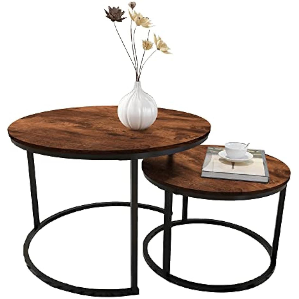 Round Nesting Coffee Table Set of 2 – Rustic Brown Wood