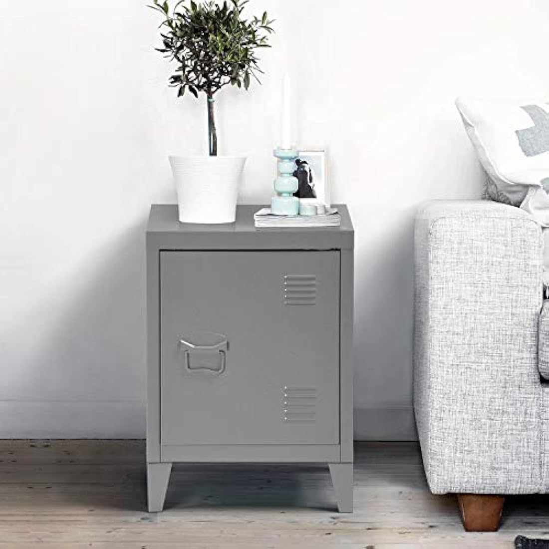 Homybec Small Metal Cabinet | 2-Tier Industrial Bedside Nightstand - Grey