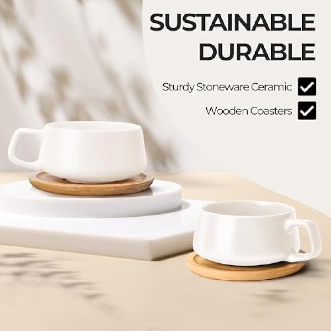 MIAMIO Ceramic Coffee Cup Set with Bamboo Saucers - 320ml Luxe White, 4pc
