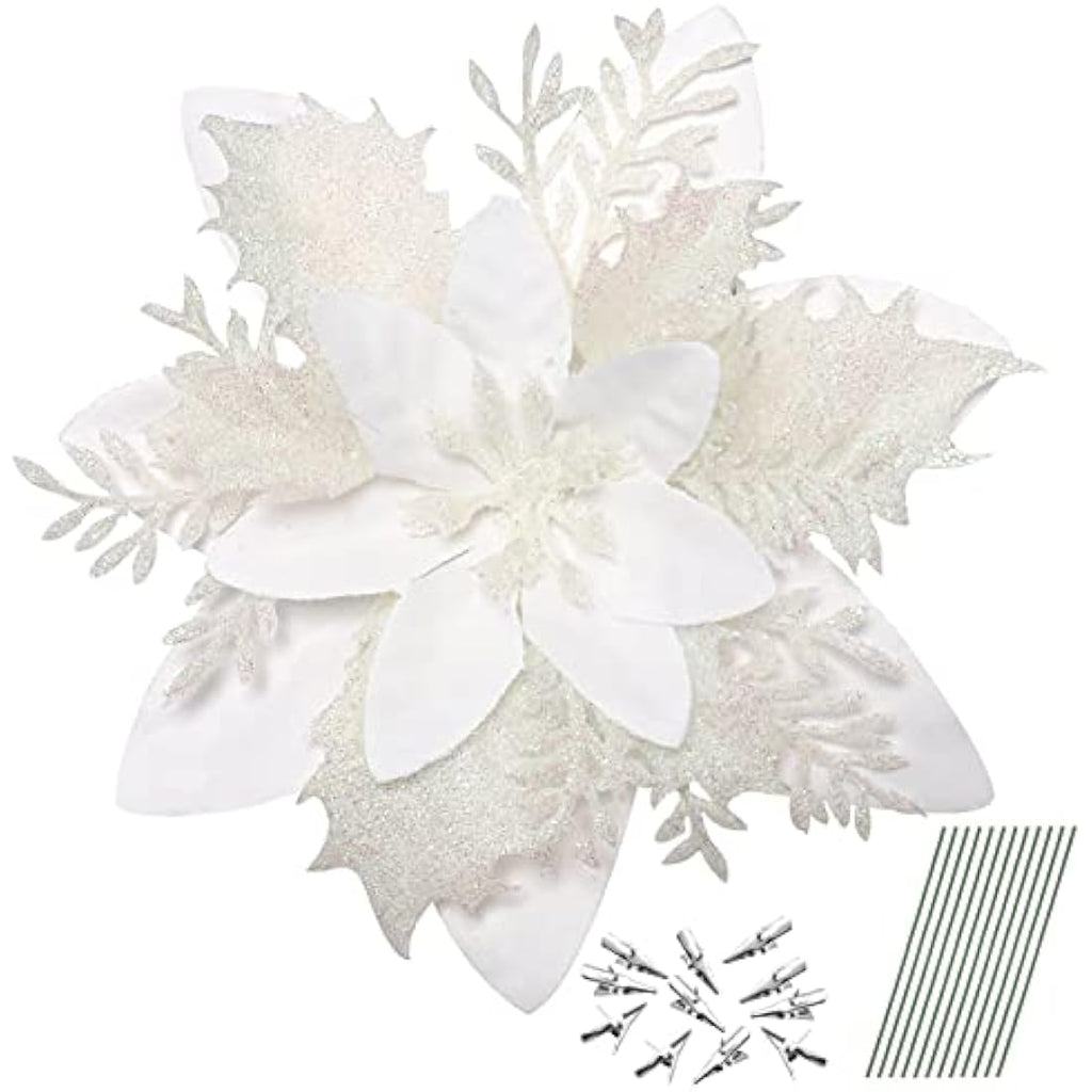 12Pcs White Glitter Poinsettia Artificial Christmas Flowers