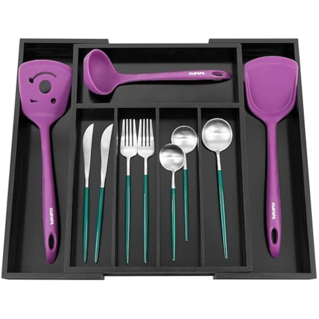 Utoplike Expandable Bamboo Cutlery Drawer Organiser | Black Utensil Tray
