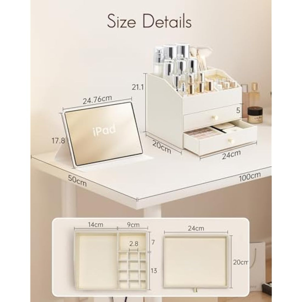 Vlando Faux Leather Makeup Organiser | 2-Drawer Cosmetic Storage, Beige
