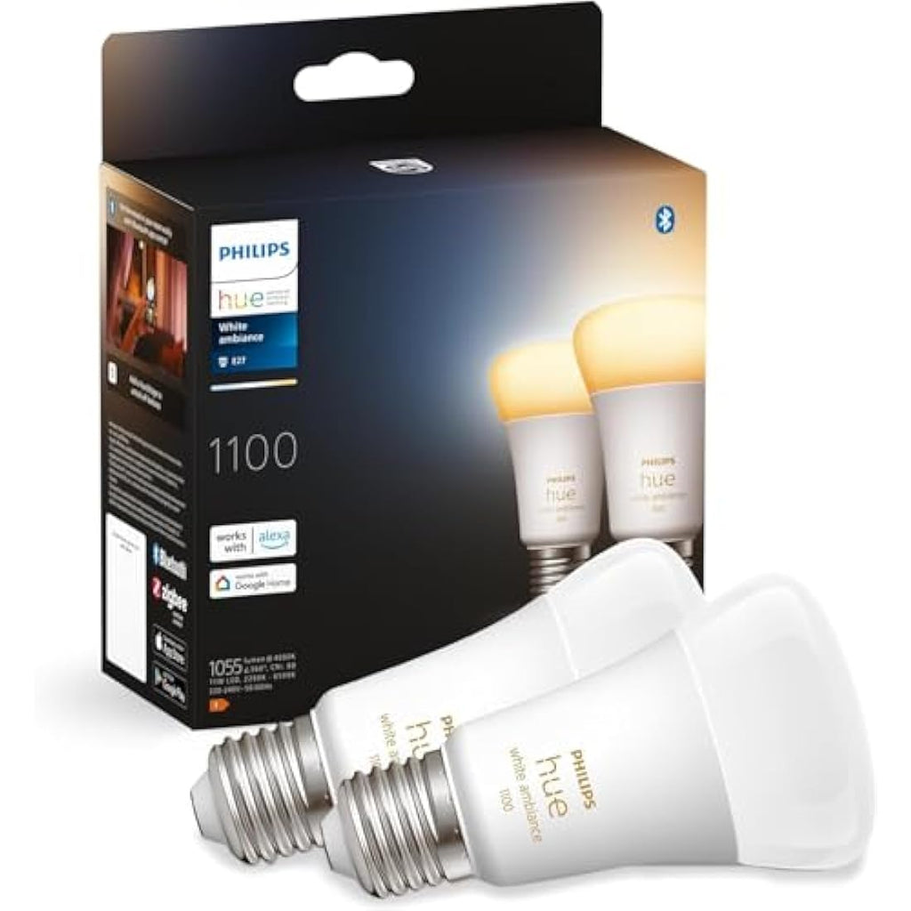 Philips Hue White Ambiance E27 Smart Bulb 2-Pack | 1100 Lumen 75W