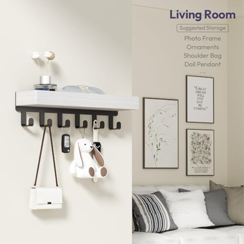 Wall Mounted Key Holder with Wood Tray and 6 Hooks