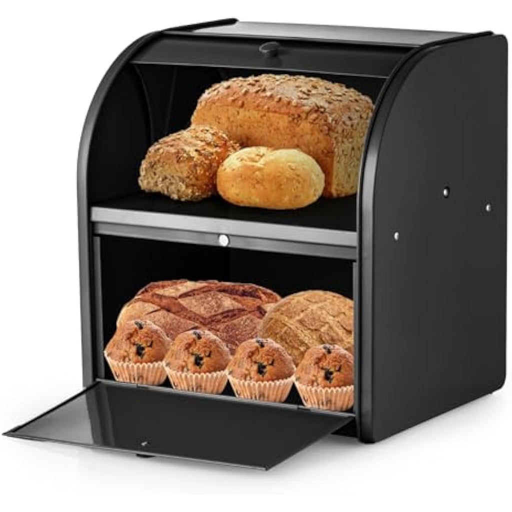 Esilihom 2-Layer Large Metal Bread Bin – Roll Top Kitchen Storage, Black