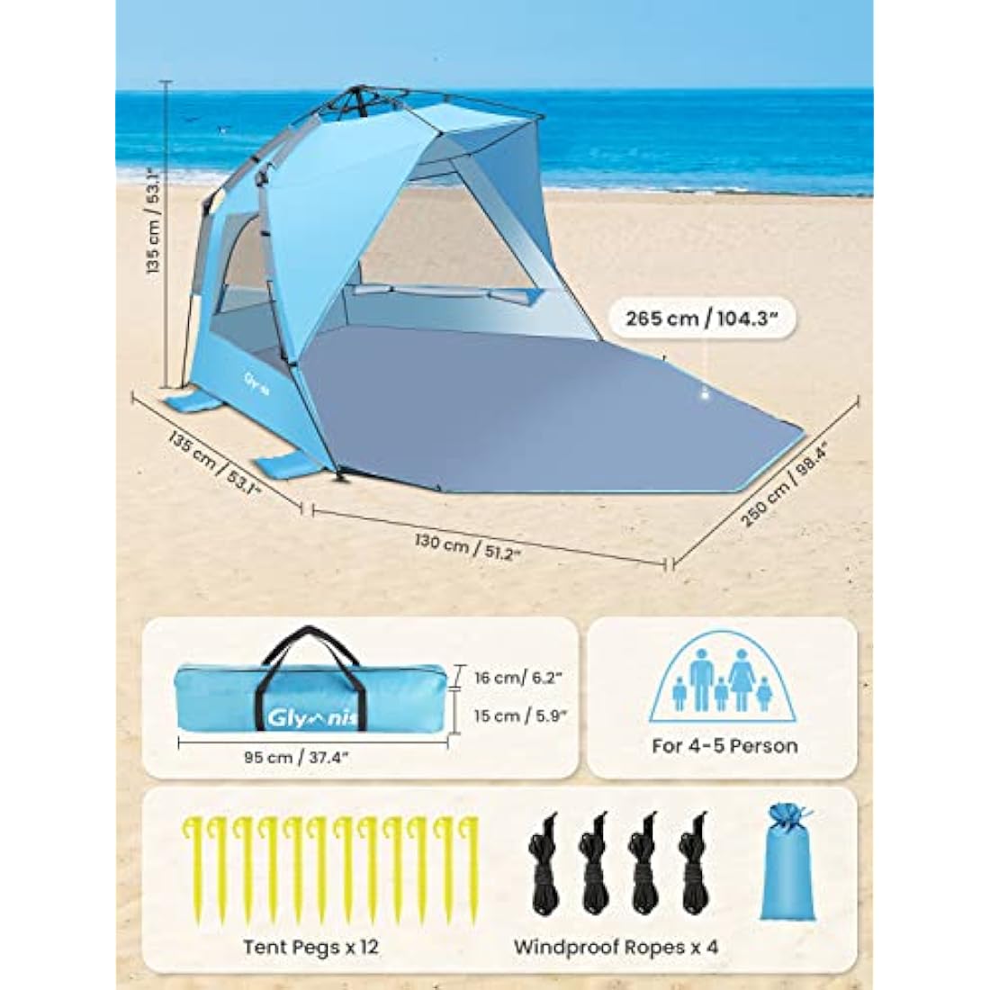 Glymnis Pop Up Beach Tent | 4-6 Person UV Sun Shelter with Porch