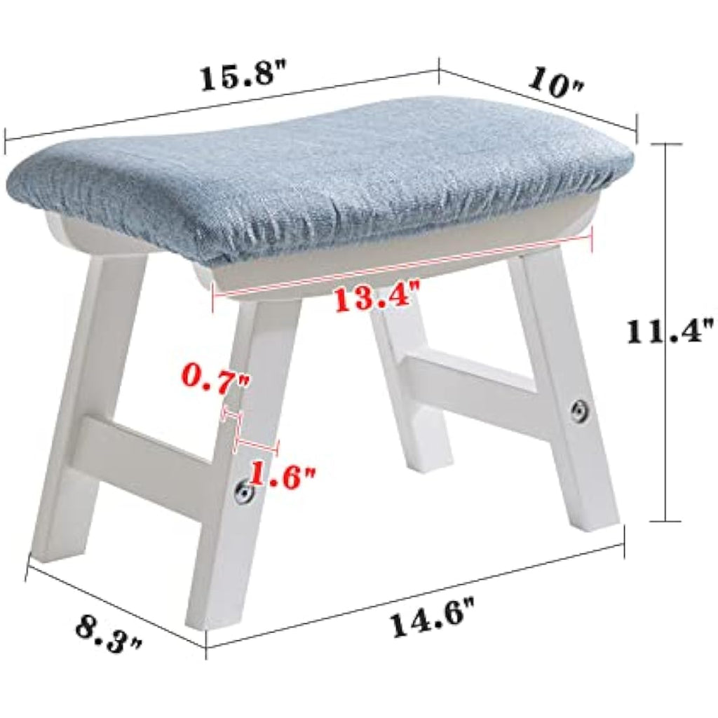 Jolof Store Wooden Footstool – Padded Beech Wood Ottoman with Blue Cushion