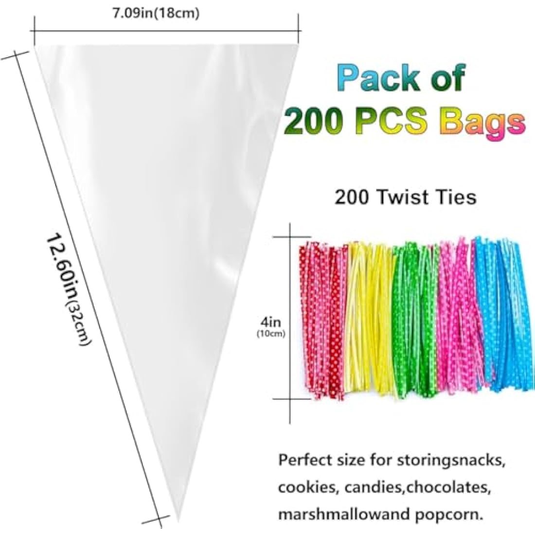 200pcs Clear Cellophane Cone Bags with Ties for Sweets & Gifts