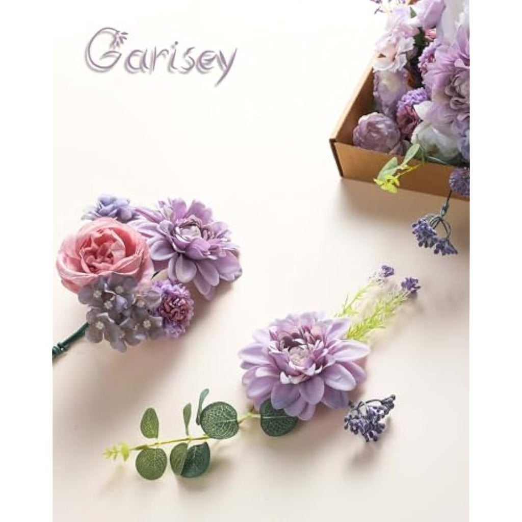 Garisey Artificial Flowers Combo Box Set | White Purple Silk Peony & Rose
