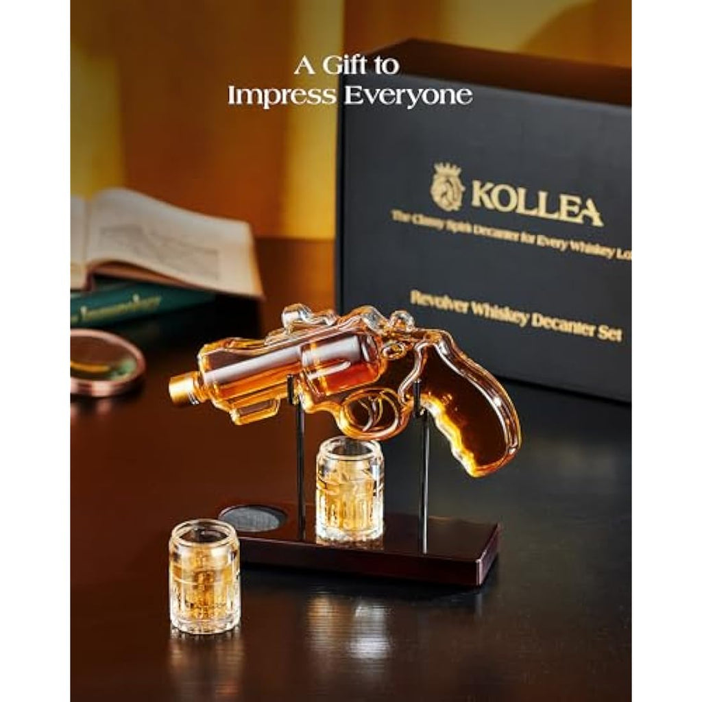 Kollea Gun Whiskey Decanter Set - 9oz Glass Revolver with 2 Shot Glasses