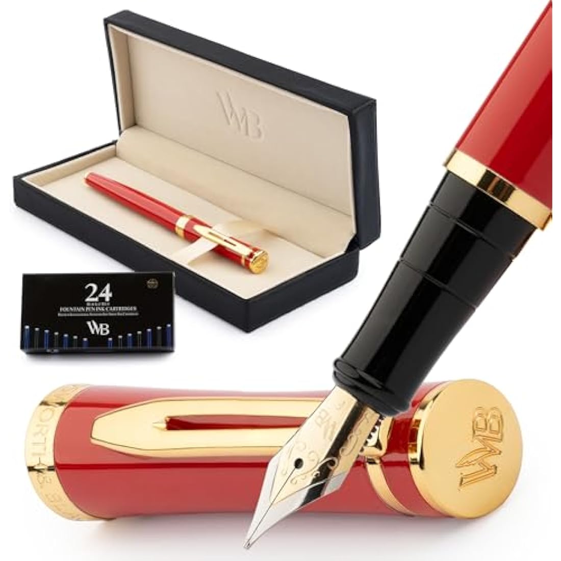 Wordsworth & Black Crimson Red Fountain Pen Set with 24 Ink Cartridges