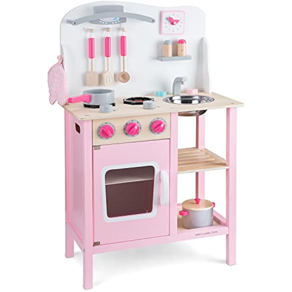 New Classic Toys Wooden Pretend Play Kitchen Set with Accessories – Pink