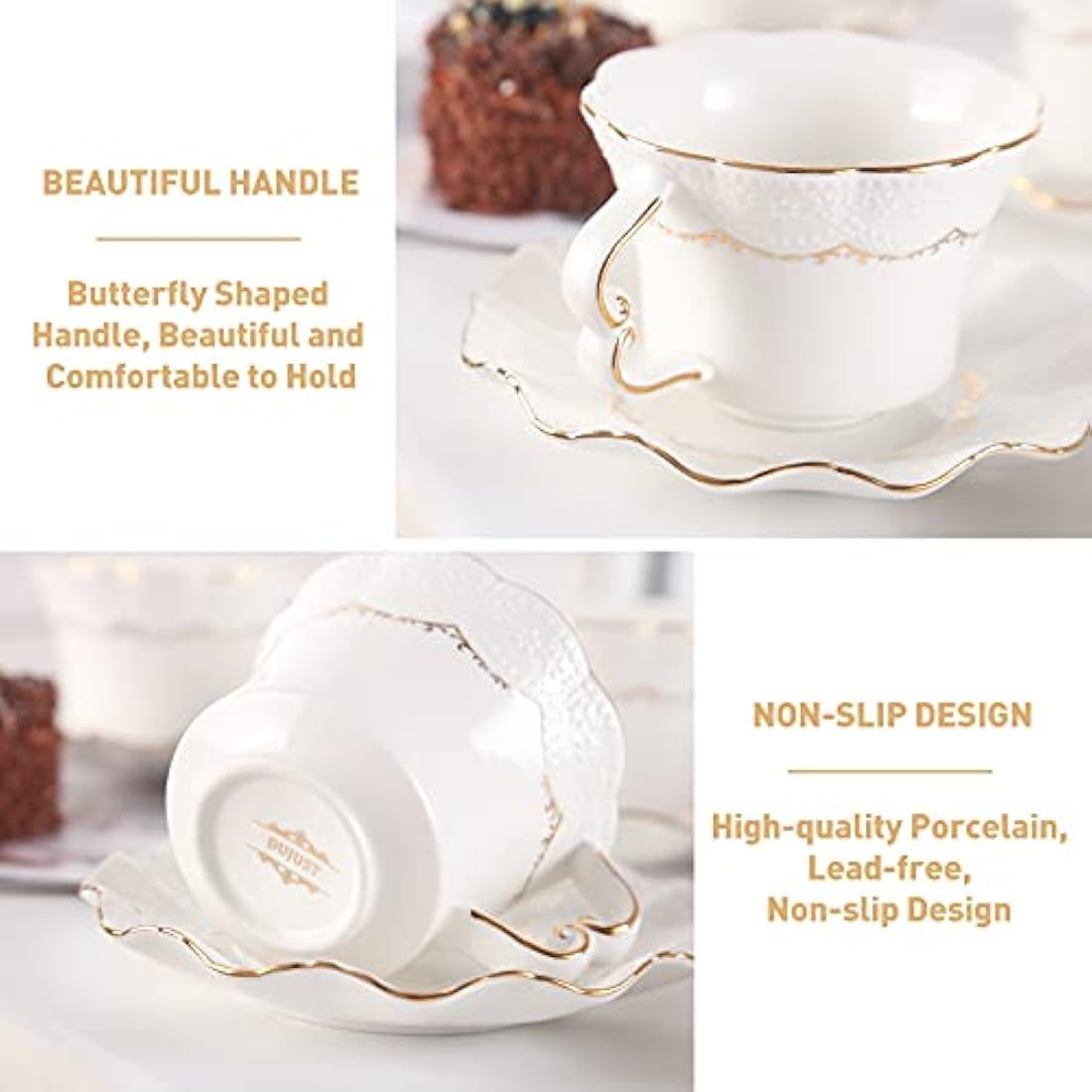DUJUST Luxury Porcelain Tea Cups and Saucers Set of 6 with Metal Stand – White