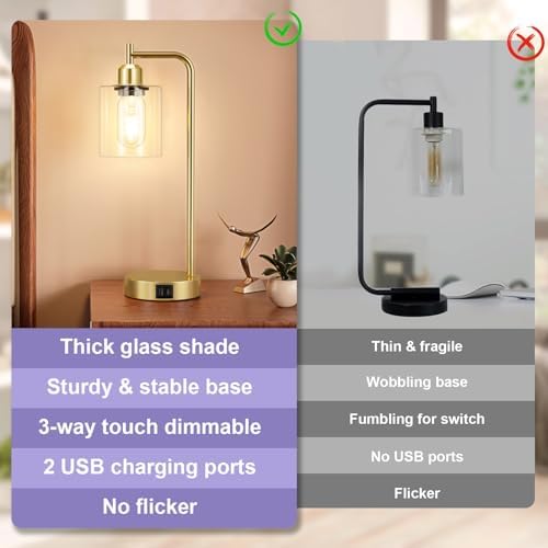 Aooshine Industrial Touch Bedside Lamps Set of 2 | Gold with USB C+A