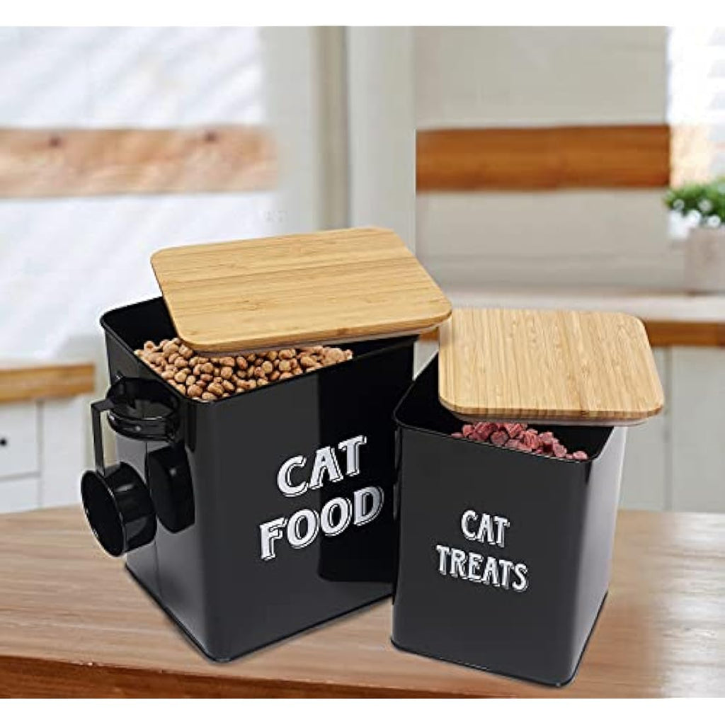 Cat Food and Treats Container Set – Beige Steel with Wood Lids