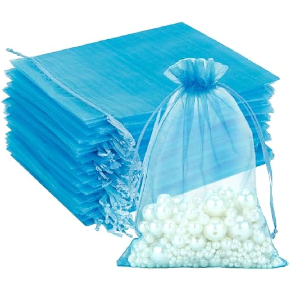 G2PLUS Lake Blue Organza Gift Bags | 100 PCS Mesh Jewelry Pouches