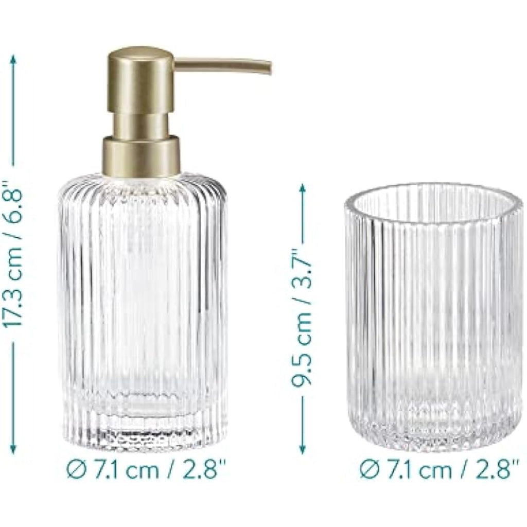 Navaris 4-Piece Ribbed Glass Bathroom Set | Clear & Gold Vanity Decor