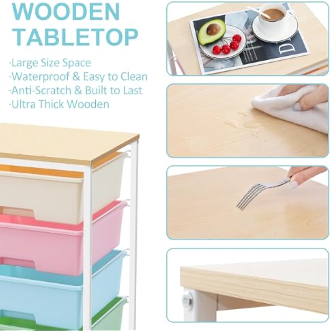 SYKIARIOL 4-Drawer Rolling Storage Cart | Mobile Utility Trolley with Wood Top