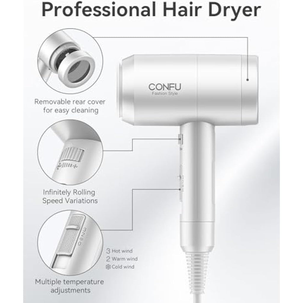 CONFU 1800W Ionic Hair Dryer – Lightweight Ceramic Blow Dryer with Diffuser