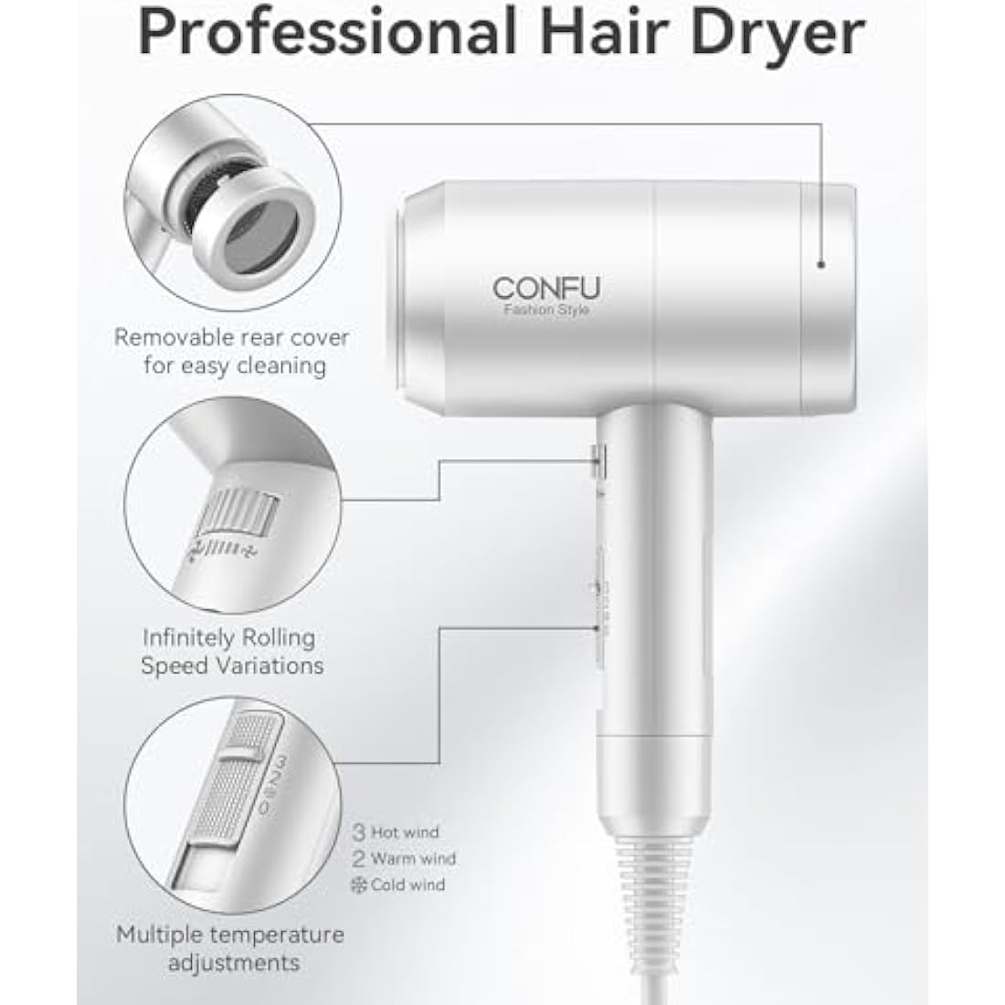 CONFU 1800W Ionic Hair Dryer – Lightweight Ceramic Blow Dryer with Diffuser