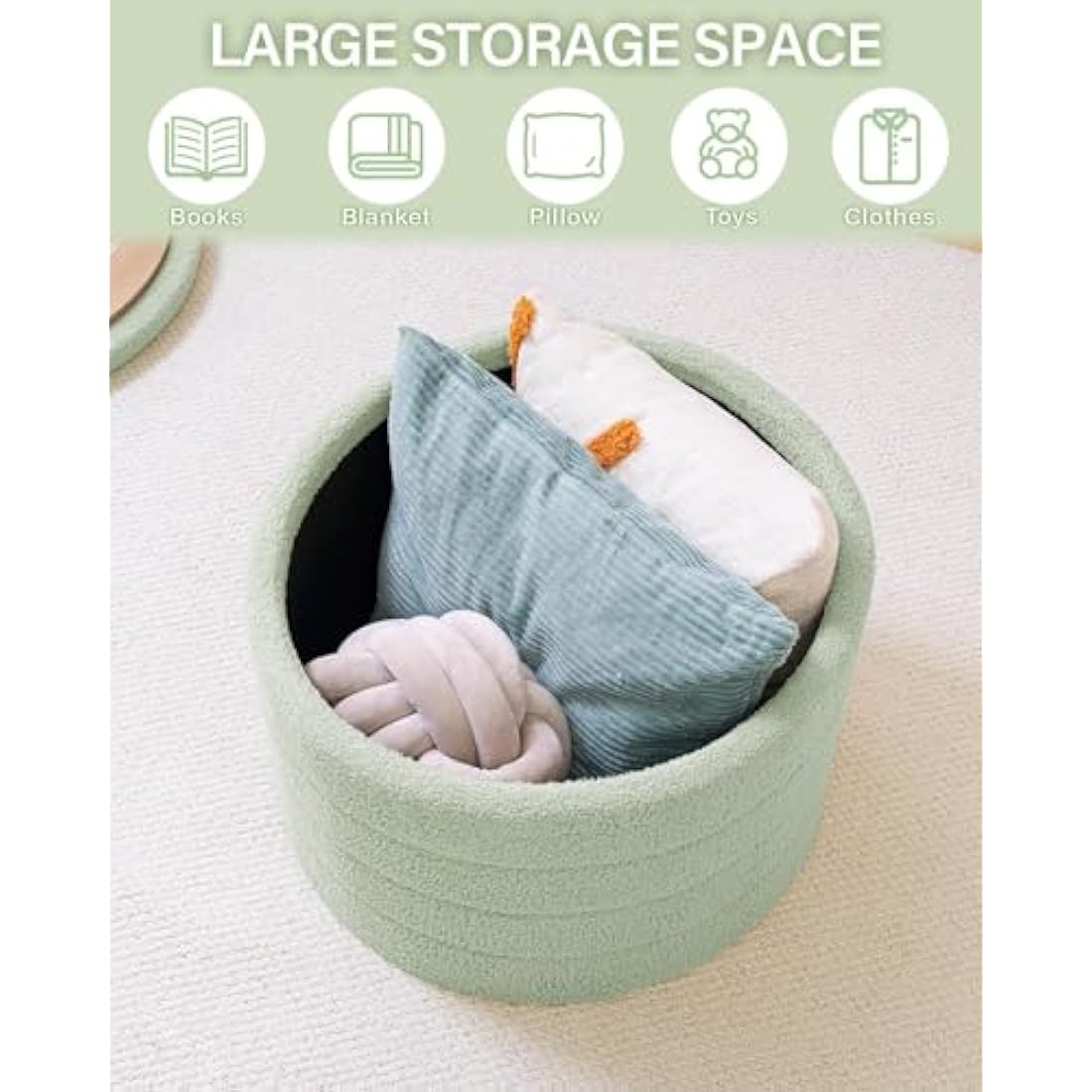 Round Boucle Storage Ottoman – Folding Teddy Footstool, Green
