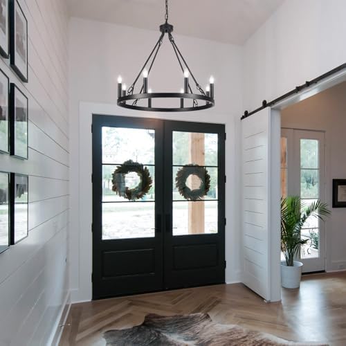 ASHUAQI 8-Light Wagon Wheel Chandelier | Black Modern Farmhouse Light