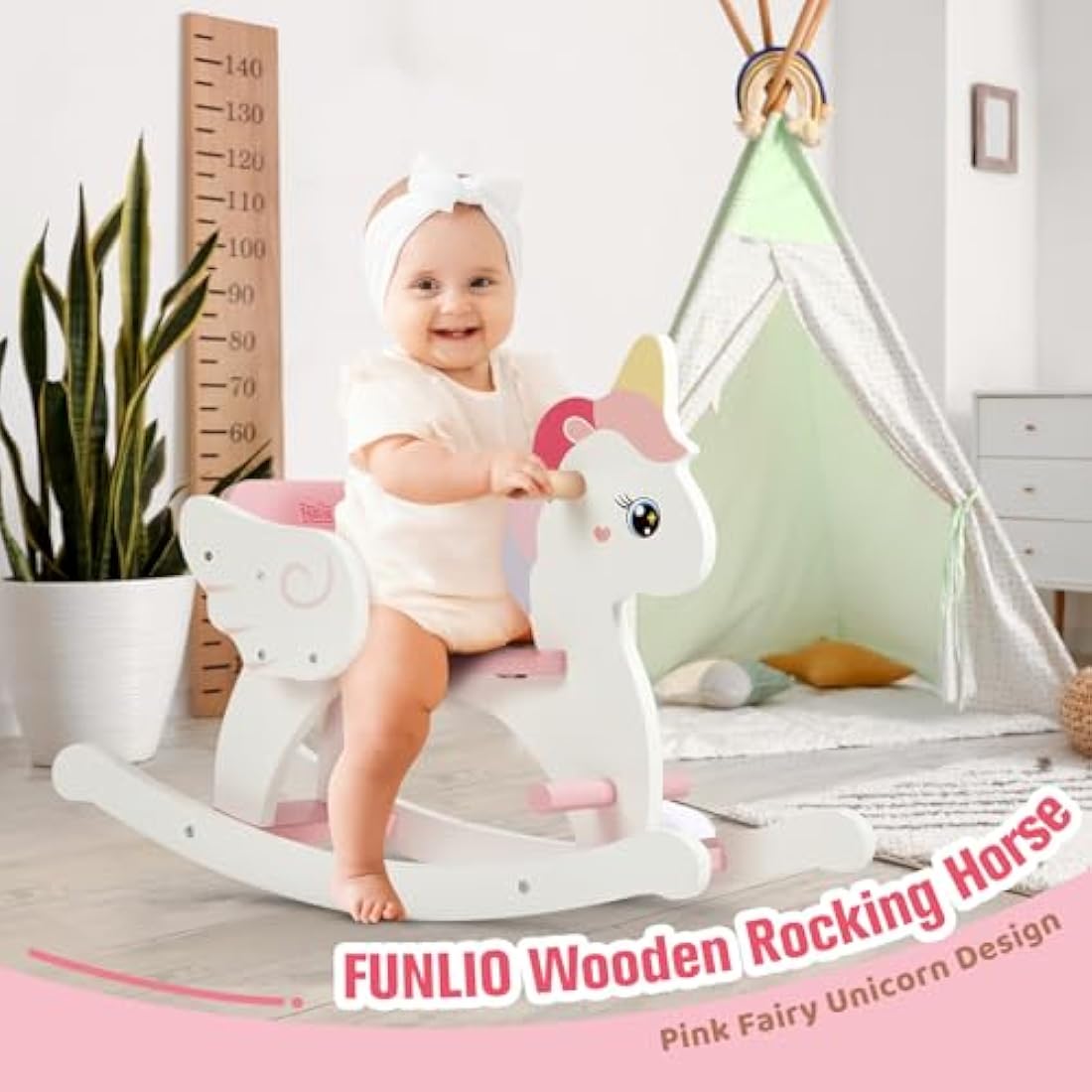 FUNLIO Wooden Unicorn Rocking Horse with Safety Belt for Ages 0.5-3 - Pink