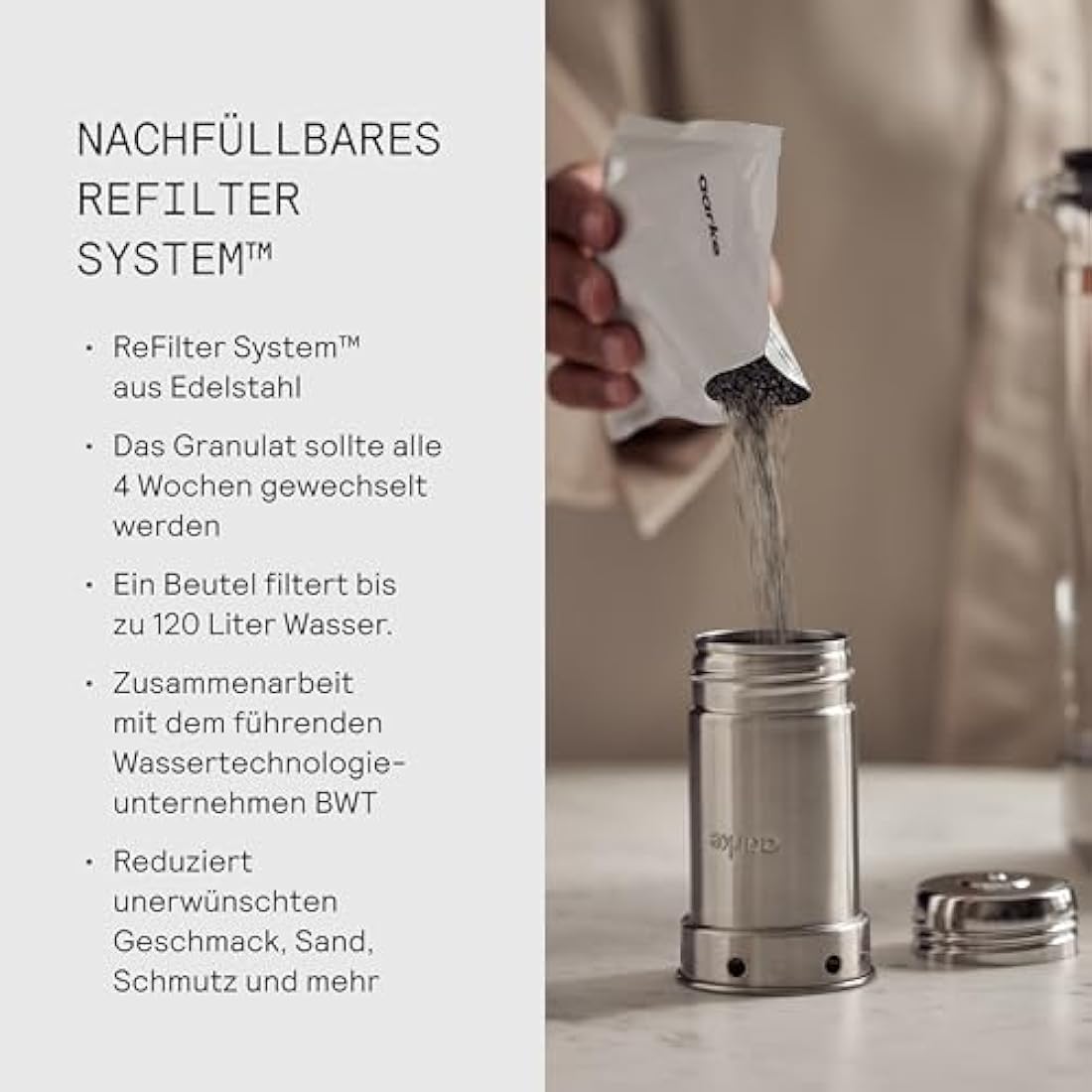 Aarke Purifier – 1.2L Glass & Stainless Steel Water Filter Jug